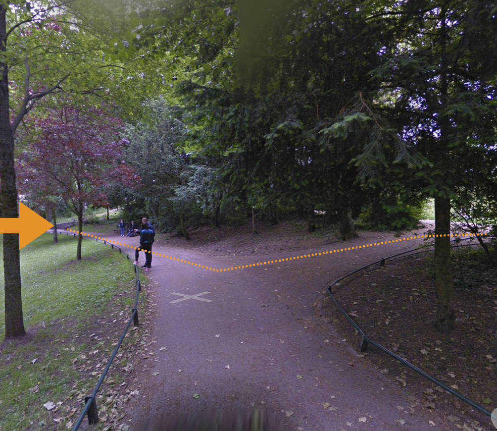 Streetview-foto van het pad in het park naar de benedeningang van Sonnenborgh